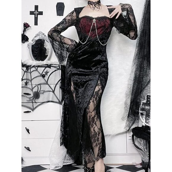 Contrast Lace Long Sleeve Split Dress Black Goth Vintage Dresses Clothes - Picture 6 of 8